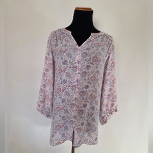 Rose + Olive Lightweight Floral Paisley Split-Neck Tunic Top Size 1X